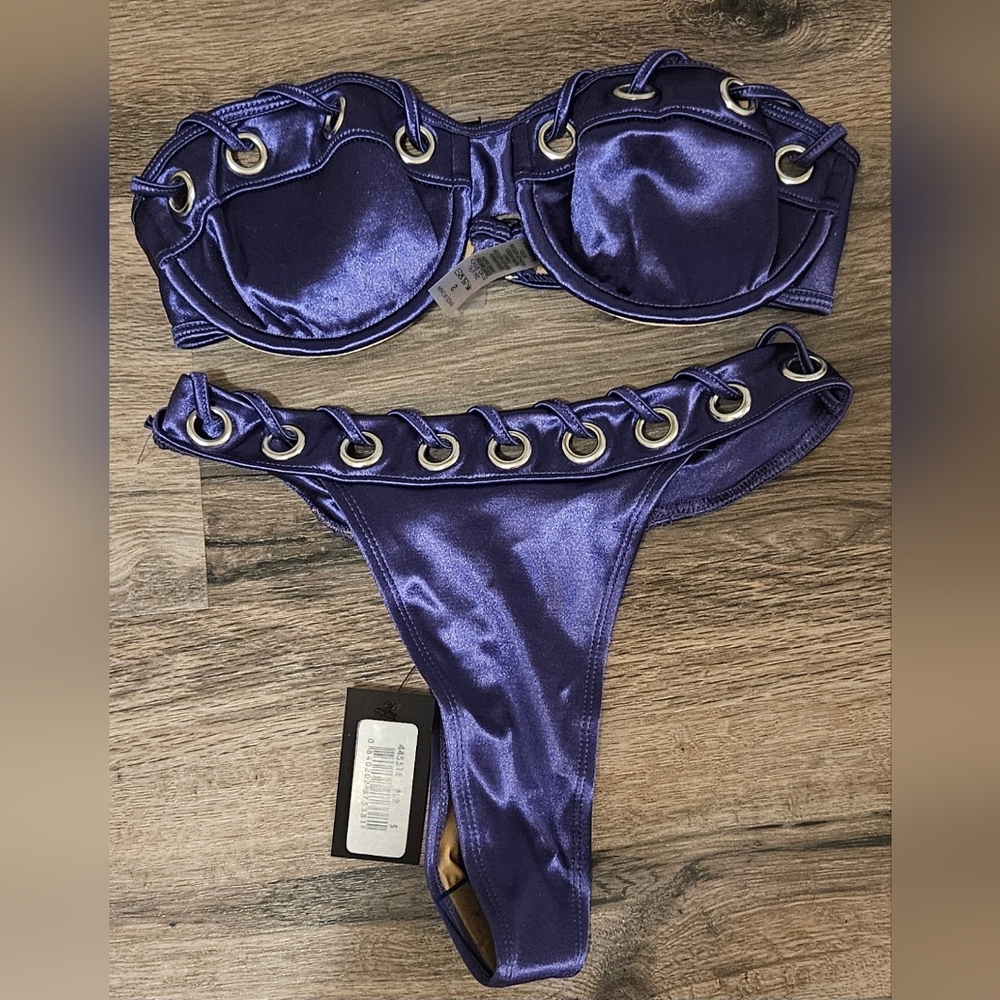 Forplay Shiny Purple Grommet Lace-Up Bikini Set